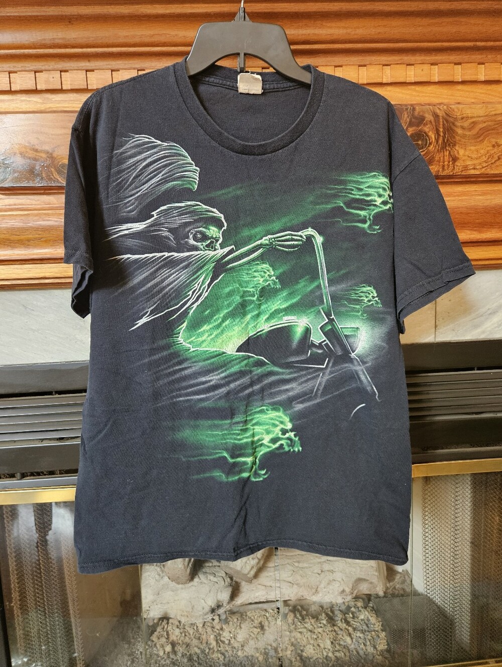 Vintage 1990s Black Graphic T‑Shirt with Neon Ghost Rider Motorcycle Print